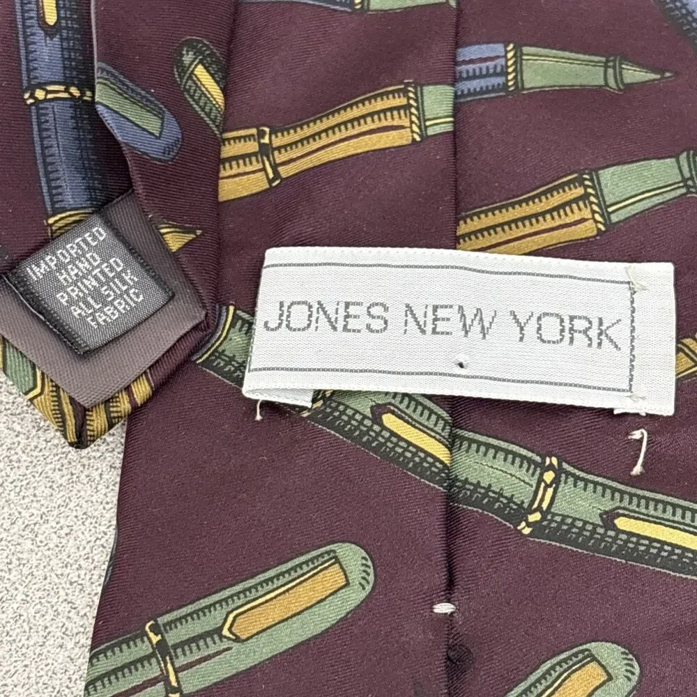 Vintage Jones New York 100 % Silk Neck Tie,  Dark Burgundy With Ink Pen Print